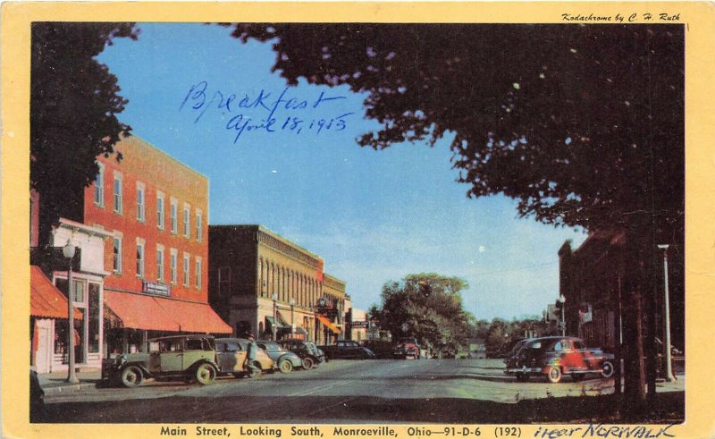 Monroeville Ohio 1945 Postcard Main Street Looking South Stores Cars 
