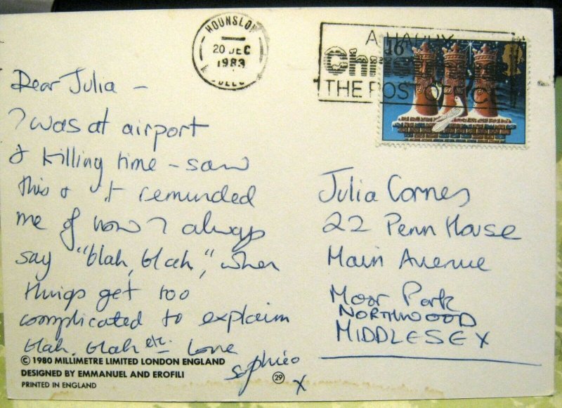 Postcard Typewriter Blah Blah Blah - posted 1983