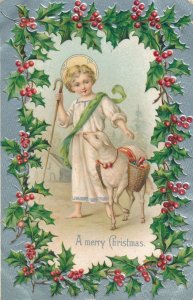 Christmas Greetings - Child with Lamb - Mistletoe and Holly - DB