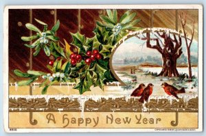 Artist Signed Postcard New Year Mistletoe Berries Birds Winter Black Earth WI