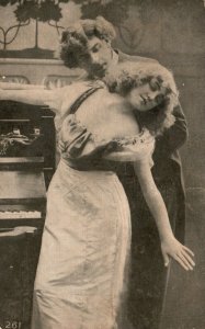 Vintage Postcard 1900's Man & Woman Dancing and in Love Next to Piano