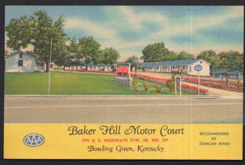 Kentucky BOWLING GREEN Baker Hill Motor Court on U.S. Highways 31W - LINEN 1953