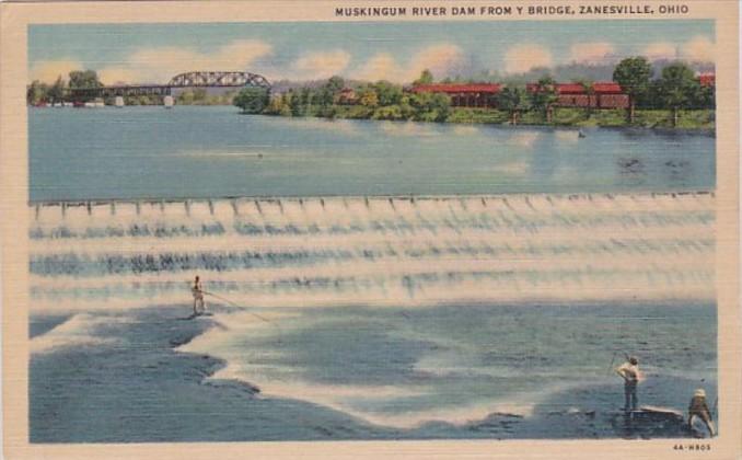 Ohio Zanesville Fishing At Muskingum River Dam From Y Bridge 1940 Curteich