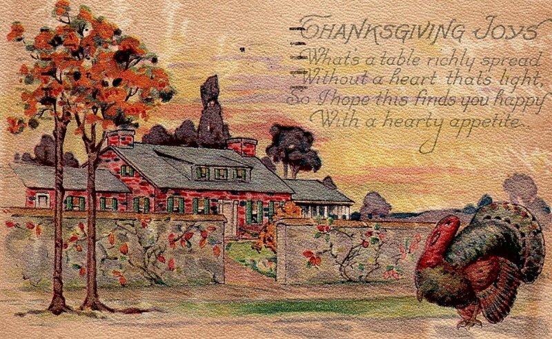 1924 THANKSGIVING JOYS TURKEY FALL LEAVES BRICK HOUSE COLORFUL POSTCARD 34-80