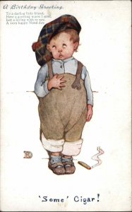 Birthday Little Boy Sick After Smoking Cigar c1910 Vintage Postcard