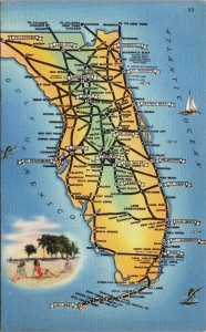 Florida Map Linen Postcard C063