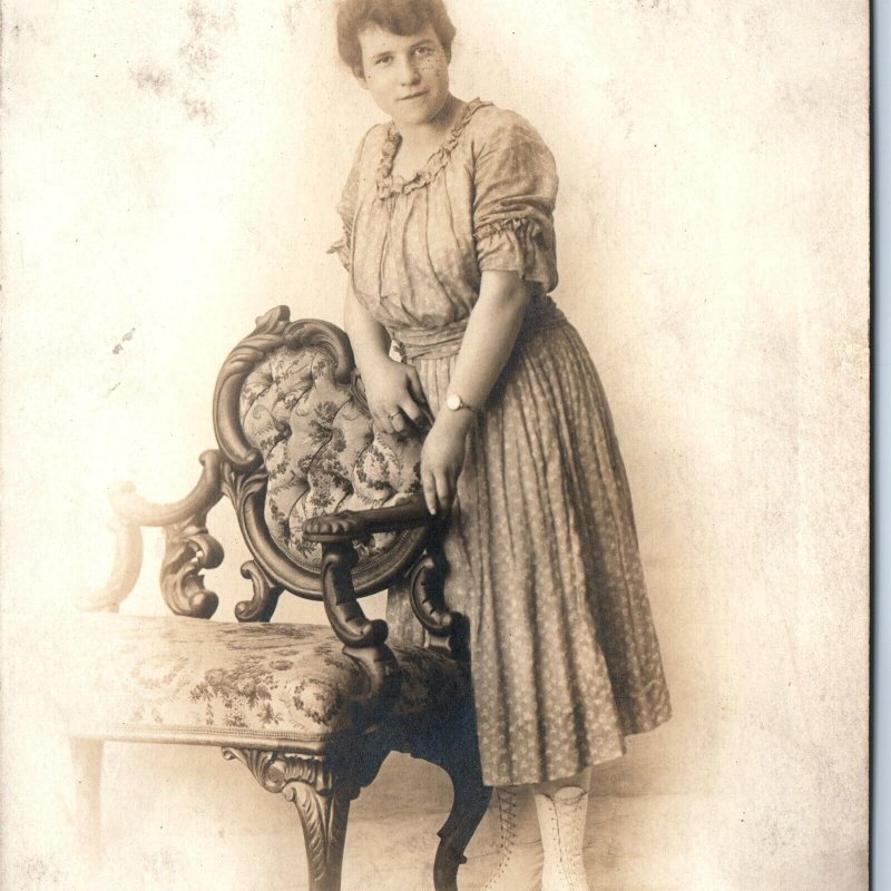 c1910s Young Lady RPPC Woman Fancy Wood Carved Chair Real Photo PC JJ Fein A171