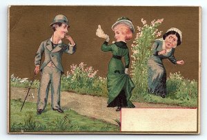 c1880 PRETTY LADY WAVING VICTORIAN MAN JEALOUS WIFE VICTORIAN TRADE CARD Z4114