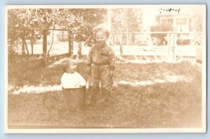 Children Postcard RPPC Photo Playing On The Garden c1910's Antique Posted