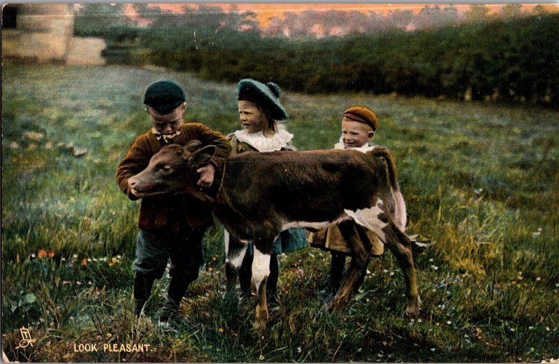 Tucks 4461 Animal Studies Children Petting Calf Look Pleasant Vtg Postcard M75 