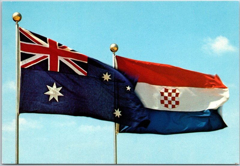 VINTAGE CONTINENTAL SIZE POSTCARD AUSTRALIAN AND CROATIAN FLAGS FLY TOGETHER