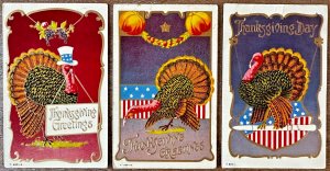 Three Thanksgiving Postcards Patriotic Turkey