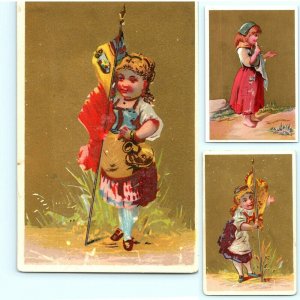 c1880s Child Girls in Dress x2 Hold Flag Victorian Stock Trade Card LOT of 3 C15