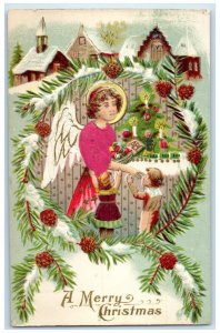 c1910's Christmas Tree Angel Children Pine Cone Winter Silk Felt Posted Postcard