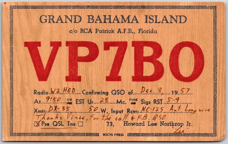 1957 QSL Radio Card Code VP7BO Grand Bahama Island Amateur Station Postcard