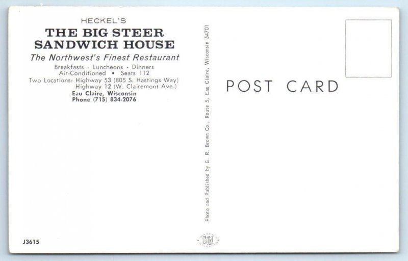 EAU CLAIRE, WI Wisconsin ~ Roadside BIG STEER Sandwich House c1960s Postcard