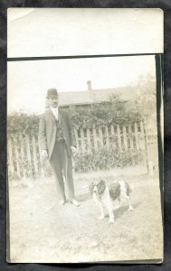 h3072 - CANADA 1910 Postmark Alliston Ontario. Real Photo Postcard. Man with Dog