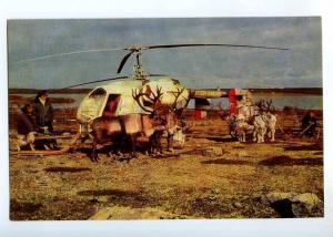 237439 RUSSIA KIROVSK Khibiny tundra reindeer sleds helicopter old postcard