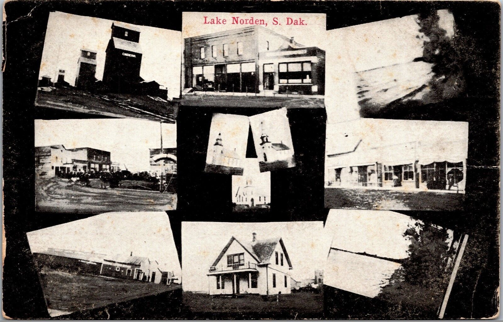 Vtg Lake Norden SD Multiview Grain Elevators Churches Street Scene