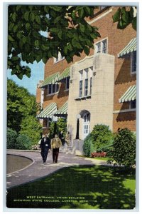 c1940's West Entrance Union Building Michigan State College Lansing MI Postcard