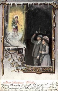 Christmas Fantasy Couple See Young Woman in Starlight c1910 Odd Postcard