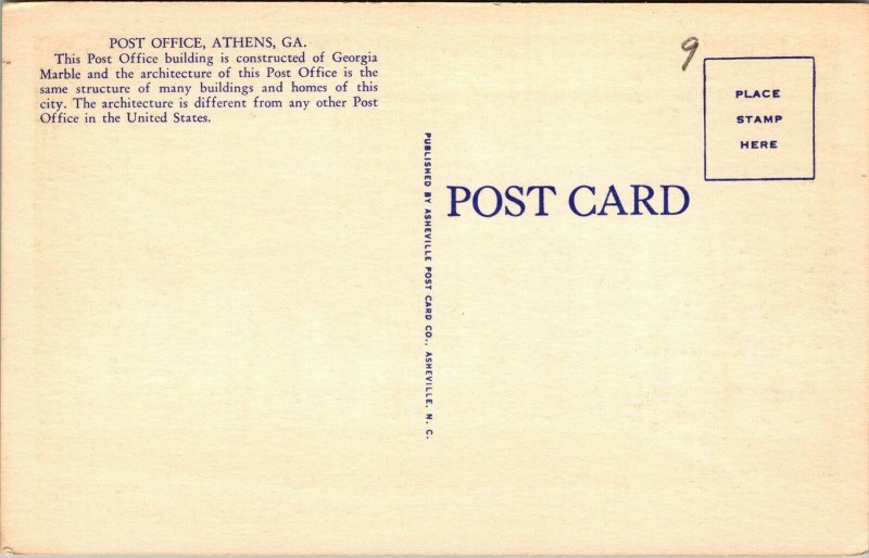 Vtg Athens Georgia GA US Post Office at Night 1940s Linen Postcard