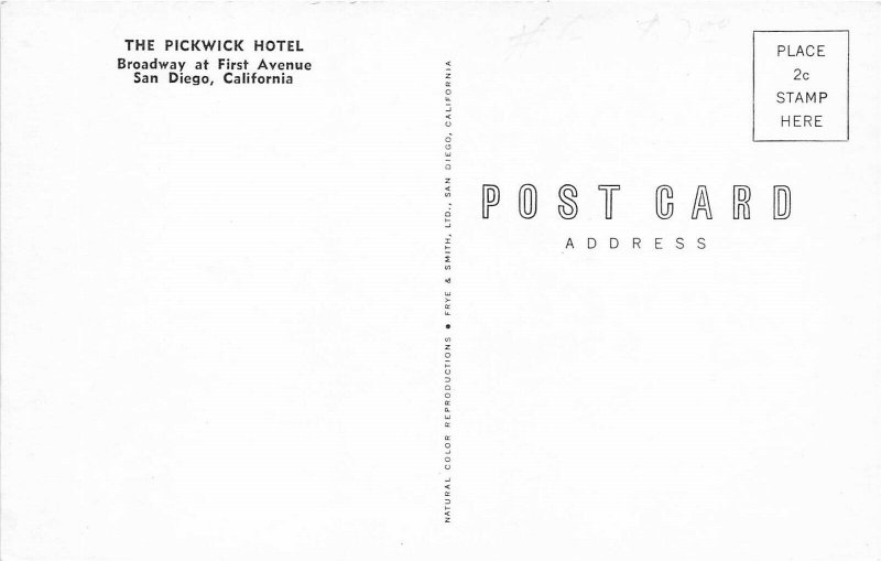 San Diego California CA 1950s Postcard Pickwick Hotel w Greyhound Bus Station