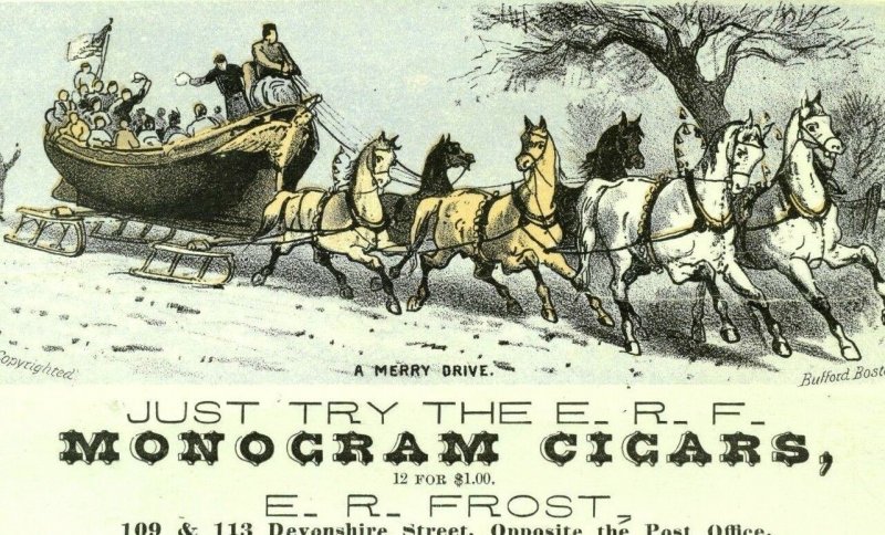 1880's E.R Frost Monogram Cigars Boat On Sled Horse Team Tobacco Trade Card P117