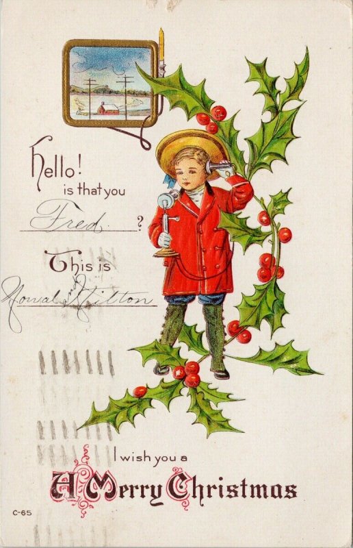 Child Telephone 'I Wish You A Merry Christmas' Xmas Red Coat Postcard G30 *as is