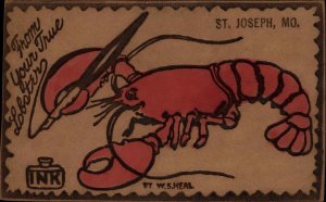 St Joseph Missouri MO Real Leather Lobster Writing Letter c1910 Vintage Postcard