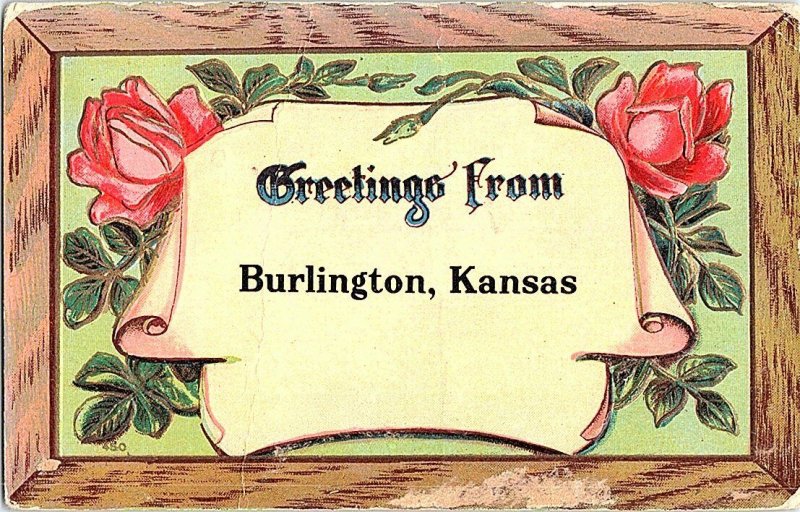 Greetings From Burlington Kansas Vintage Framed Postcard Standard View Card