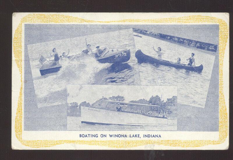 WINONA LAKE INDIANA BOATING VINTAGE BOATS ADVERTISING POSTCARD