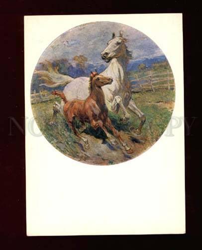 005669 Russian HORSES Mare & Foal by SAMOKISH old Color PC