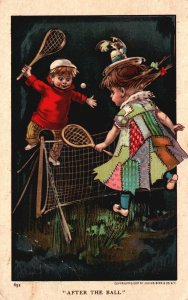 1908 After The Ball Children Boy and Girl Play Tennis Artwork Vintage Postcard