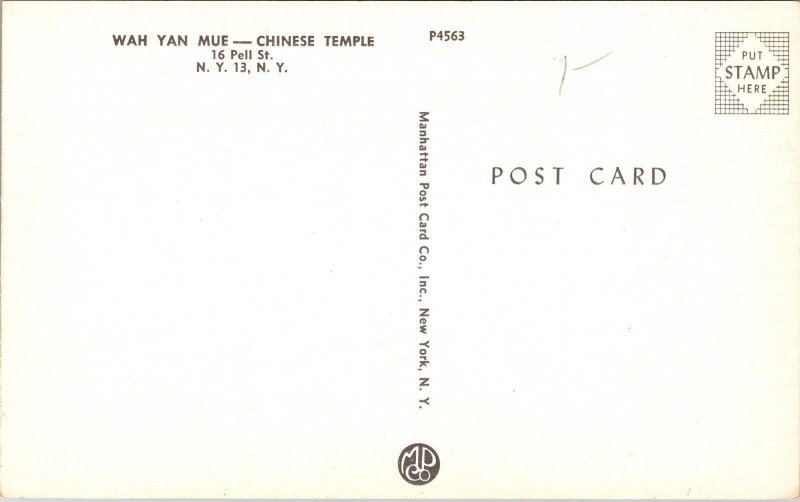 Wah Yan Mue Chinese Temple New York NY Postcard VTG UNP Vintage Unused Chrome 