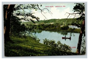 Vintage 1910's Postcard Rowboat on the River in Janesville Wisconsin