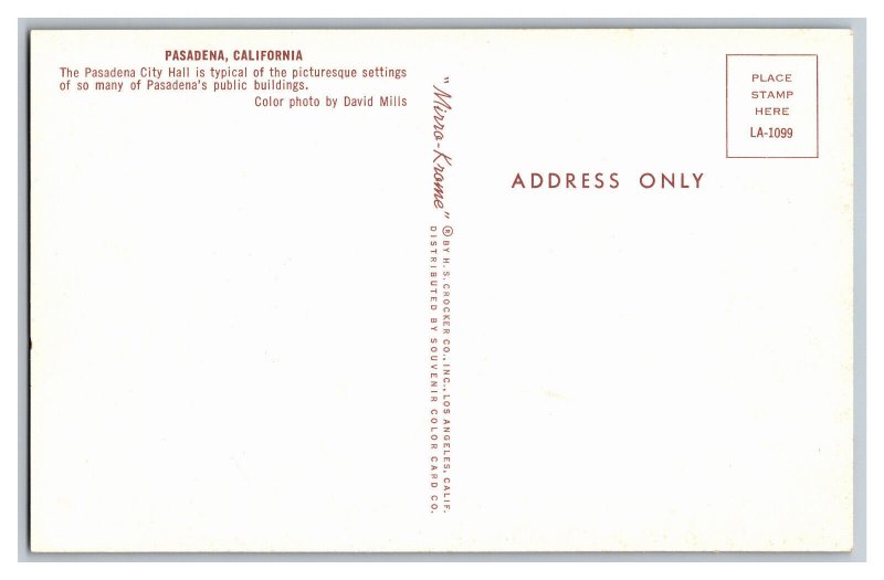 Postcard CA Pasadena California City Hall 