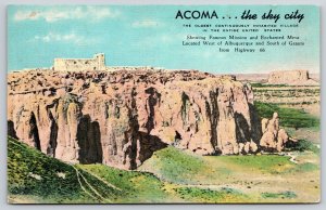 New Mexico~Acoma Pueblo Village~Mission Church~Enchanted Mesa~Linen Postcard