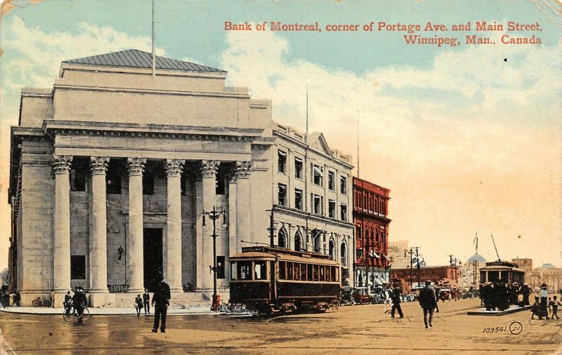 Winnipeg Manitoba~Bank of Montreal~Broadway Trolley Corner Main & Portage~1912 