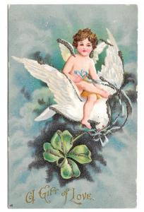Cherub Riding on Dove Gift of Love Vintage Glitter Postcard
