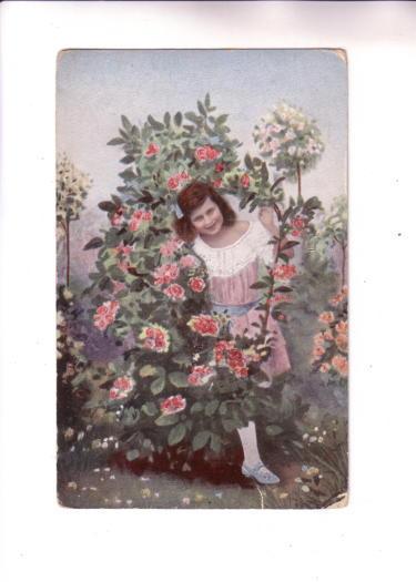 Young Girl Peeking Out of a Rose Bush,