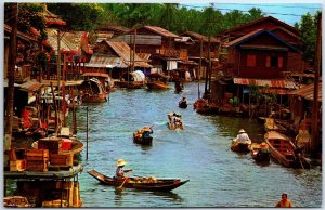 VINTAGE CONTINENTAL SIZED POSTCARD KHLONG CANAL THAILAND SOUVENIR SHEET STAMPS