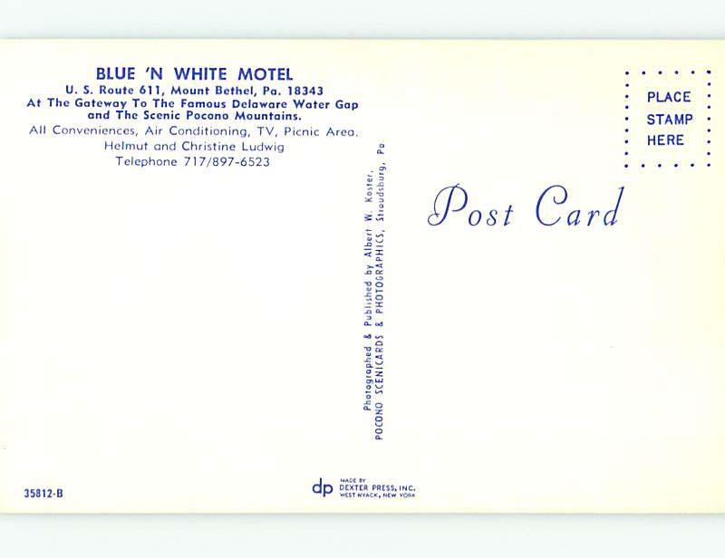 Unused Pre-1980 OLD CARS & BLUE 'N WHITE MOTEL Mt. Mount Bethel PA u2225