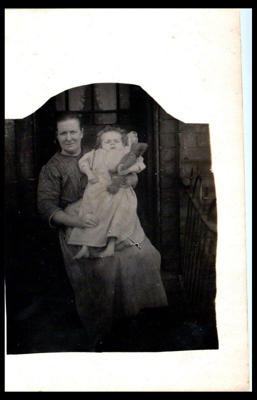 1900s Woman Holding Baby with Teddy Bear RPPC Real Photo Postcard