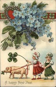 NEW YEAR FANTASY Tiny Girls Led by Pig FORGET ME NOTS c19...