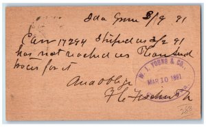 1891 Lumber Order Shipped WJ Young & Co. Ida Grove Clinton Iowa IA Postal Card