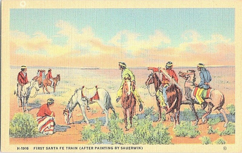 First Santa Fe Train (Sauerwin) Vintage Fred Harvey Postcard Standard View Card