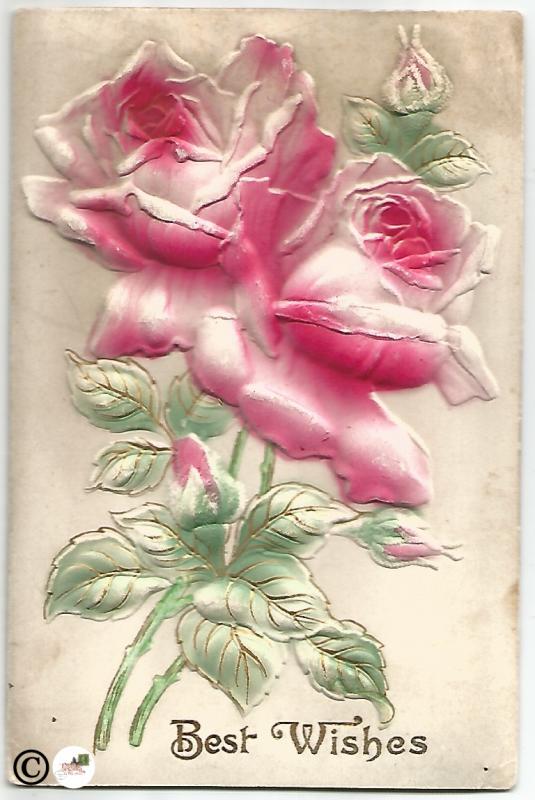 Vintage Novelty Postcard Heavily Embossed Pin Roses Best Wishes