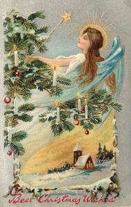 c1910 Tuck Embossed Christmas Postcard 136 Angel Decorates Tree/ Snowy Village