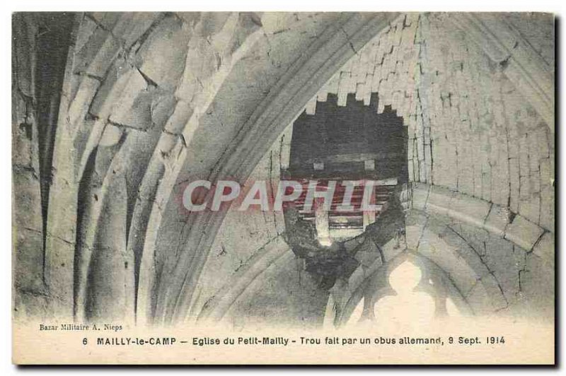 Old Postcard Mailly le Camp Church Petit Mailly Hole falt by a German shell